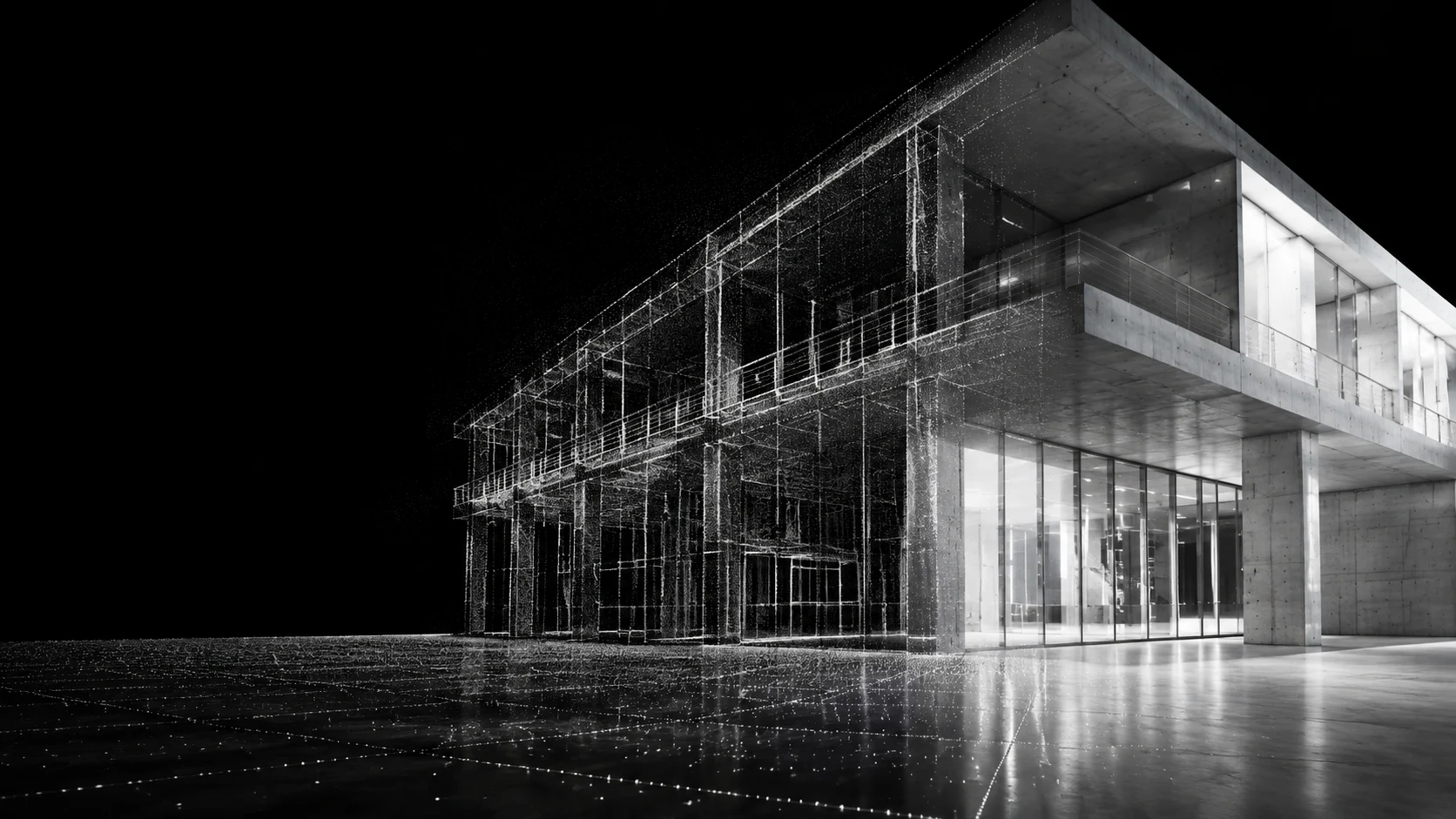 Imagen conceptual de una edificación que se transforma en una nube de puntos tridimensional